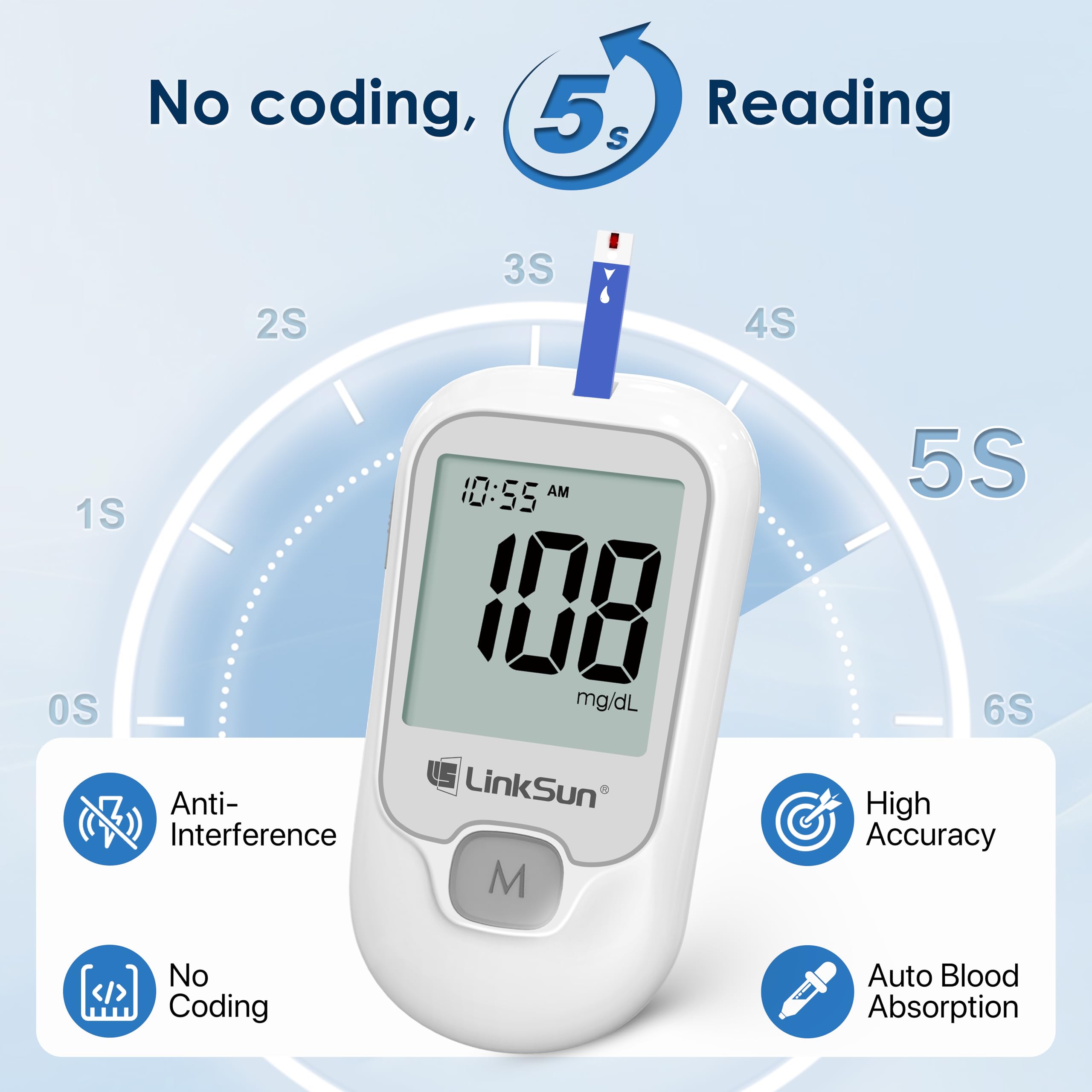 G-425-1 Blood Glucose Monitor Kit, 100 Test Strips &100 Lancets, 1 Control Solution, 1 Blood Sugar Monitor, 1 Lancing Device, Diabetes Testing Kit, No Coding, Large Display, Glucometer for Home Use