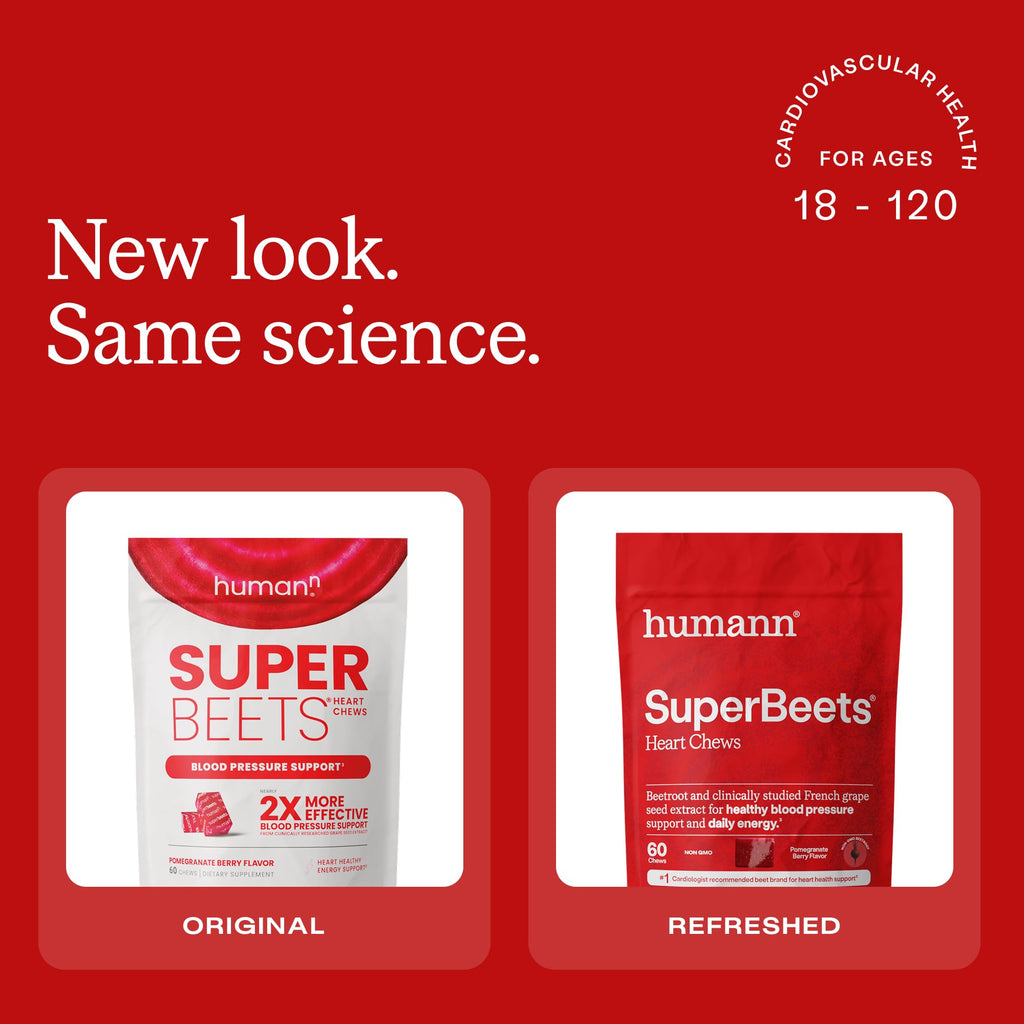 Humann SuperBeets Heart Chews, Nitric Oxide and Blood Pressure Support, Grape Seed Extract & Non-GMO Beet Root Powder Energy Supplement, Pomegranate Berry Flavor, 60 Count