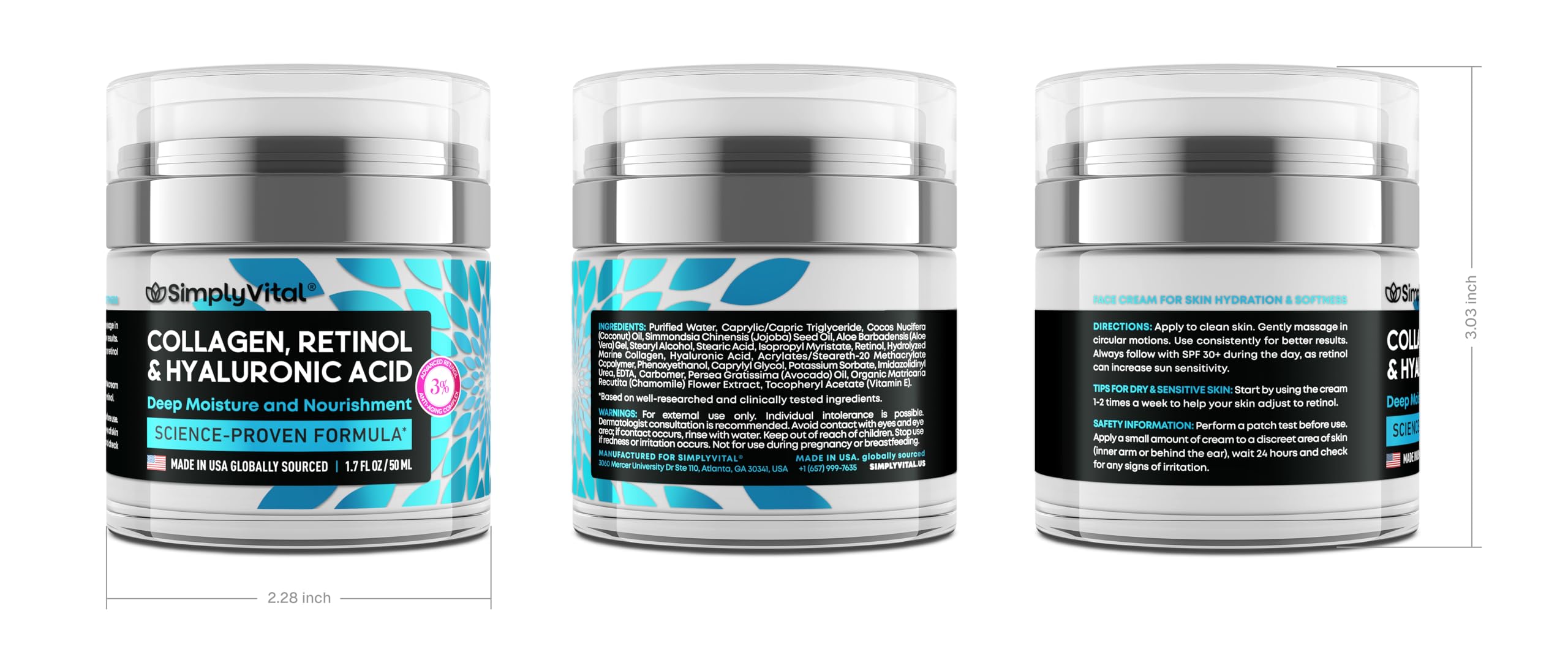 SimplyVital Collagen, Retinol & Hyaluronic Acid Cream - Anti-Aging Face Moisturizer for Face, Firming Skin Care Neck & Décolleté - Made in USA, Daily Moisturizer Face Cream Day & Night - 1.7 fl.oz.