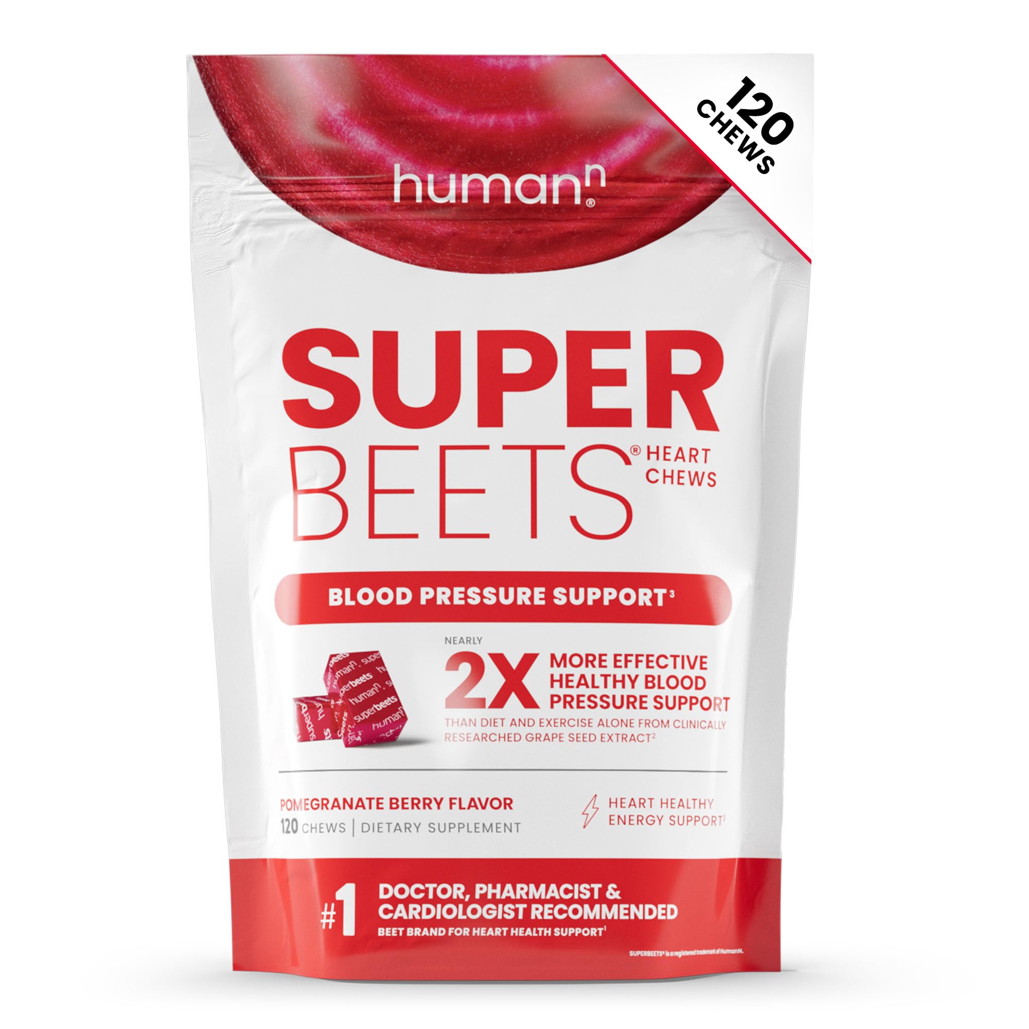Humann SuperBeets Heart Chews, Nitric Oxide and Blood Pressure Support, Grape Seed Extract & Non-GMO Beet Root Powder Energy Supplement, Pomegranate Berry Flavor, 60 Count