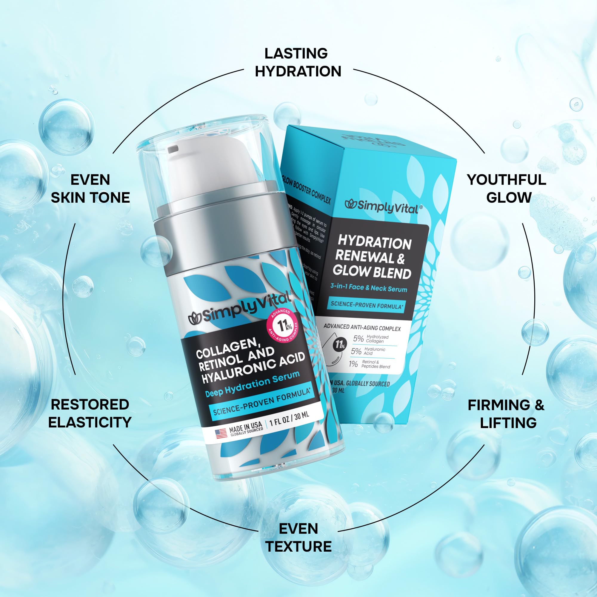 SimplyVital Collagen, Retinol & Hyaluronic Acid Cream - Anti-Aging Face Moisturizer for Face, Firming Skin Care Neck & Décolleté - Made in USA, Daily Moisturizer Face Cream Day & Night - 1.7 fl.oz.