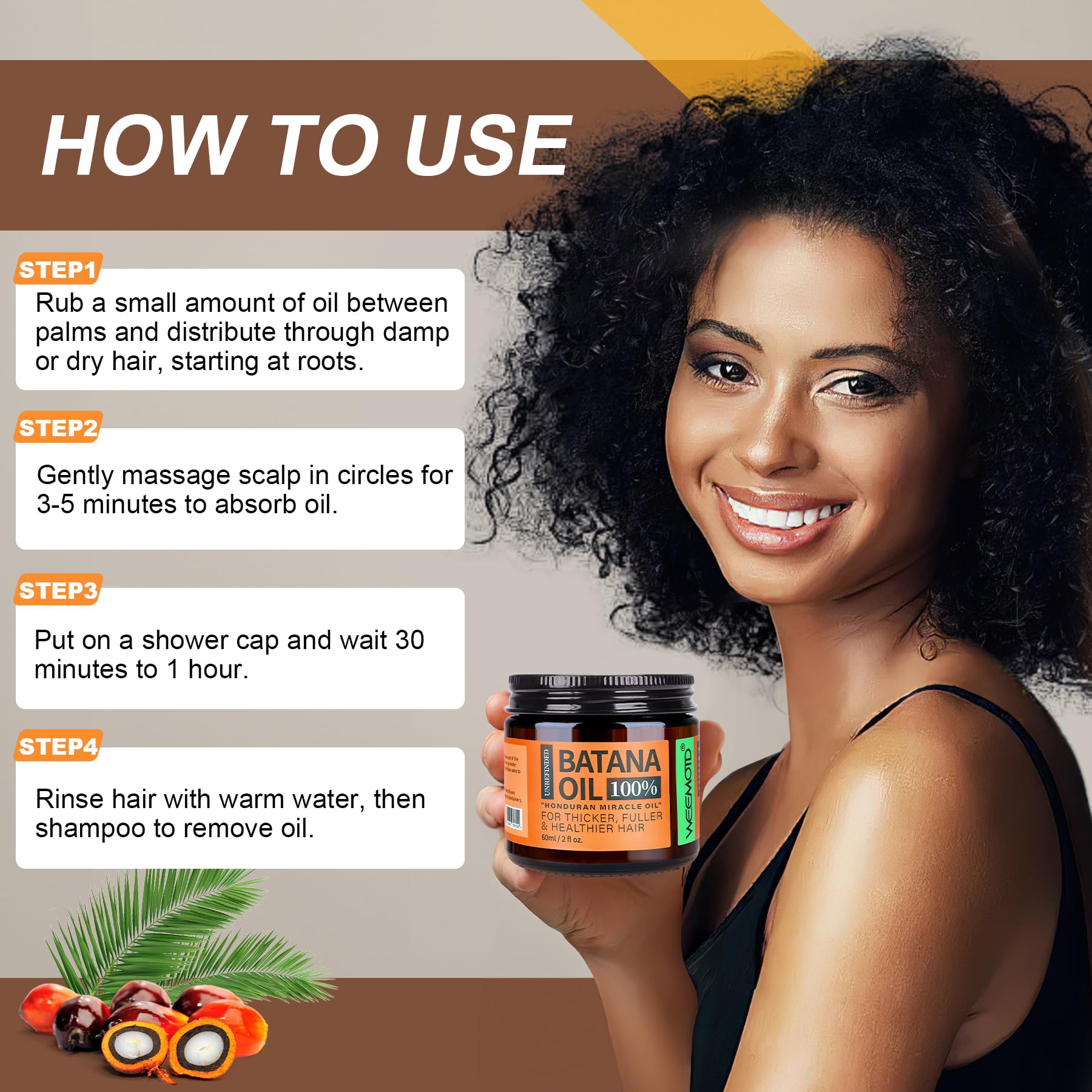 Batana Oil for Hair Growth Dr Sebi, 100% Raw Organic Batana Hair Mask from Honduras, Wild Growth Hair Oil, Scalp Oil Promotes Hair Thickness, Prevents Loss for Men & Women, 2 fl oz