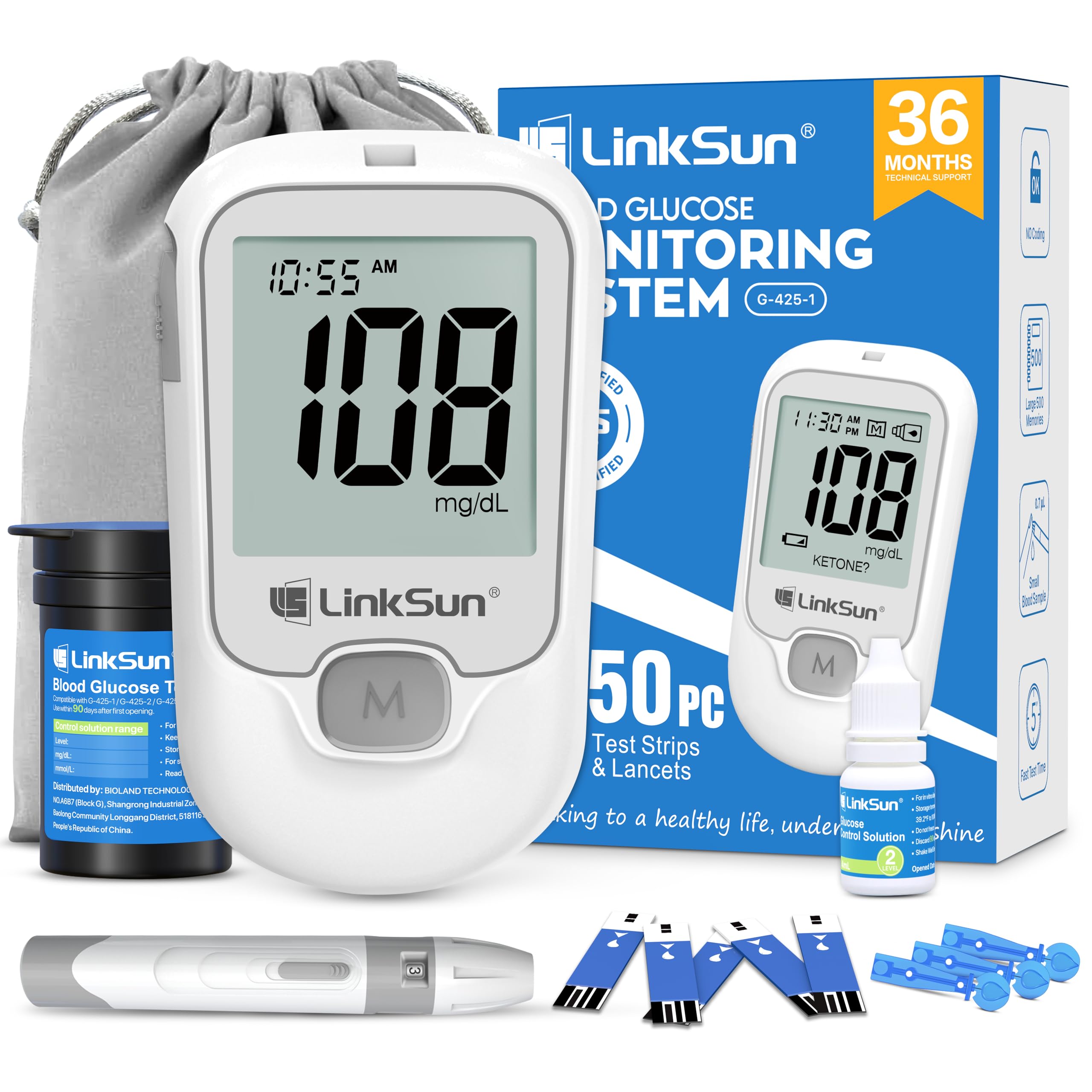 G-425-1 Blood Glucose Monitor Kit, 100 Test Strips &100 Lancets, 1 Control Solution, 1 Blood Sugar Monitor, 1 Lancing Device, Diabetes Testing Kit, No Coding, Large Display, Glucometer for Home Use