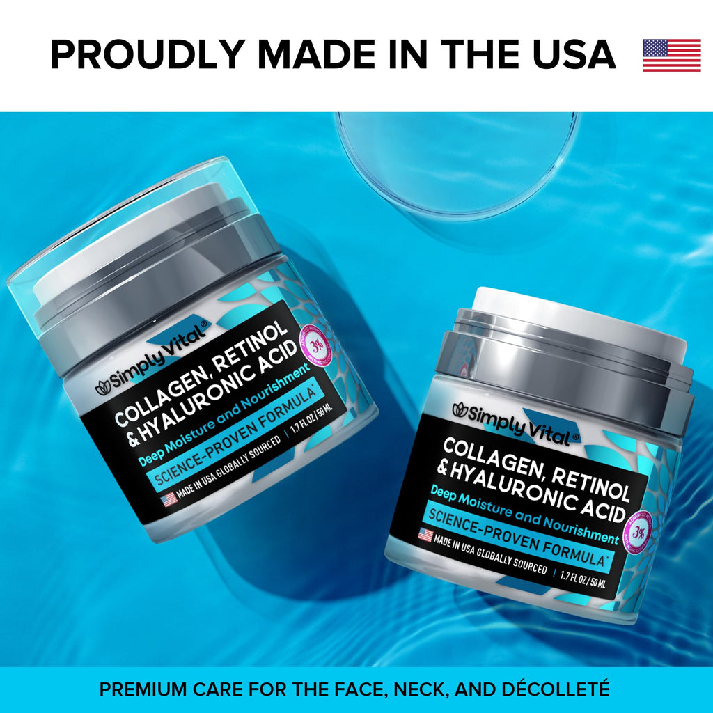 SimplyVital Collagen, Retinol & Hyaluronic Acid Cream - Anti-Aging Face Moisturizer for Face, Firming Skin Care Neck & Décolleté - Made in USA, Daily Moisturizer Face Cream Day & Night - 1.7 fl.oz.