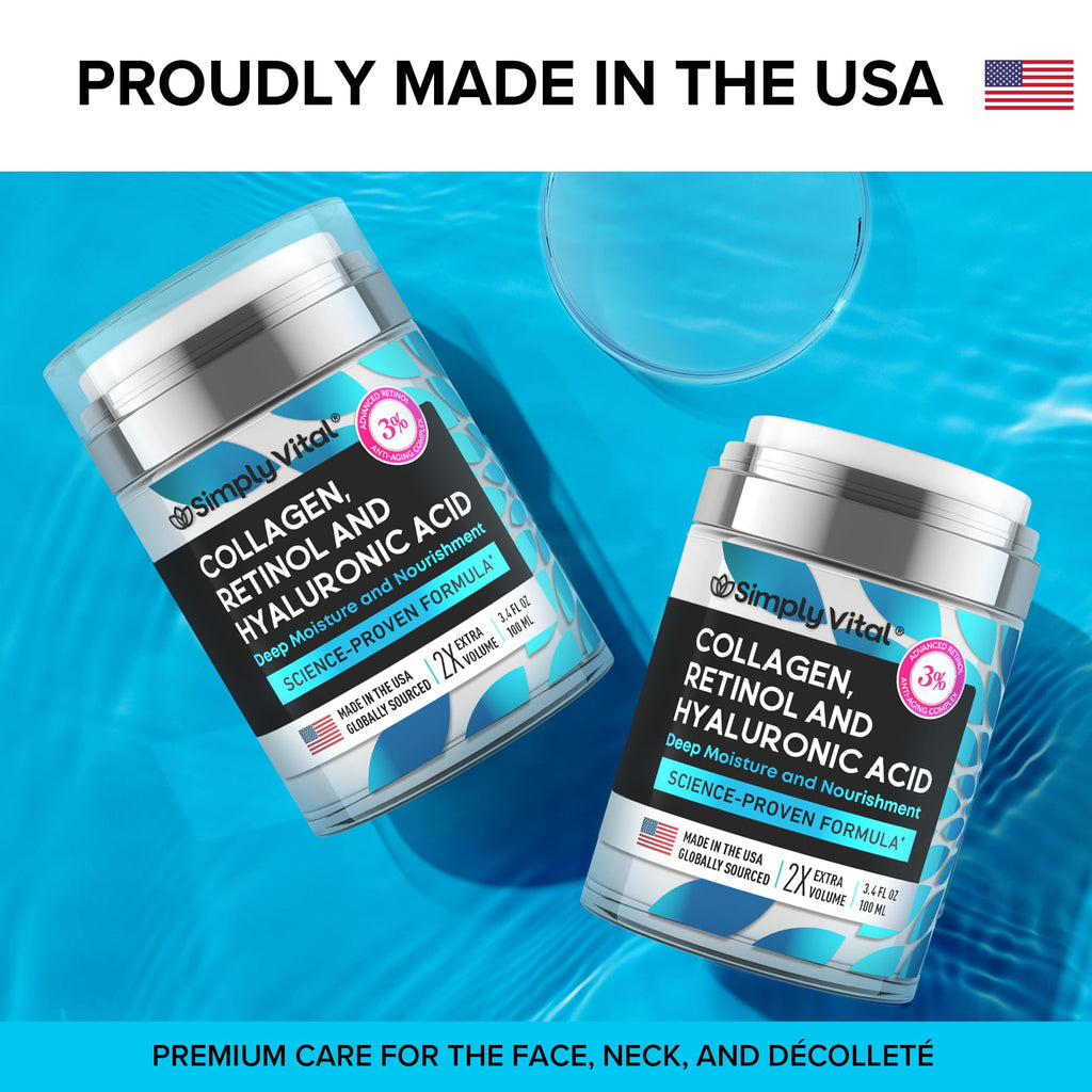 SimplyVital Collagen, Retinol & Hyaluronic Acid Cream - Anti-Aging Face Moisturizer for Face, Firming Skin Care Neck & Décolleté - Made in USA, Daily Moisturizer Face Cream Day & Night - 1.7 fl.oz.