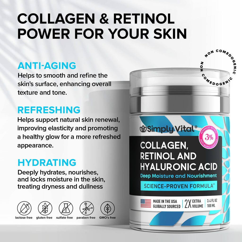 SimplyVital Collagen, Retinol & Hyaluronic Acid Cream - Anti-Aging Face Moisturizer for Face, Firming Skin Care Neck & Décolleté - Made in USA, Daily Moisturizer Face Cream Day & Night - 1.7 fl.oz.