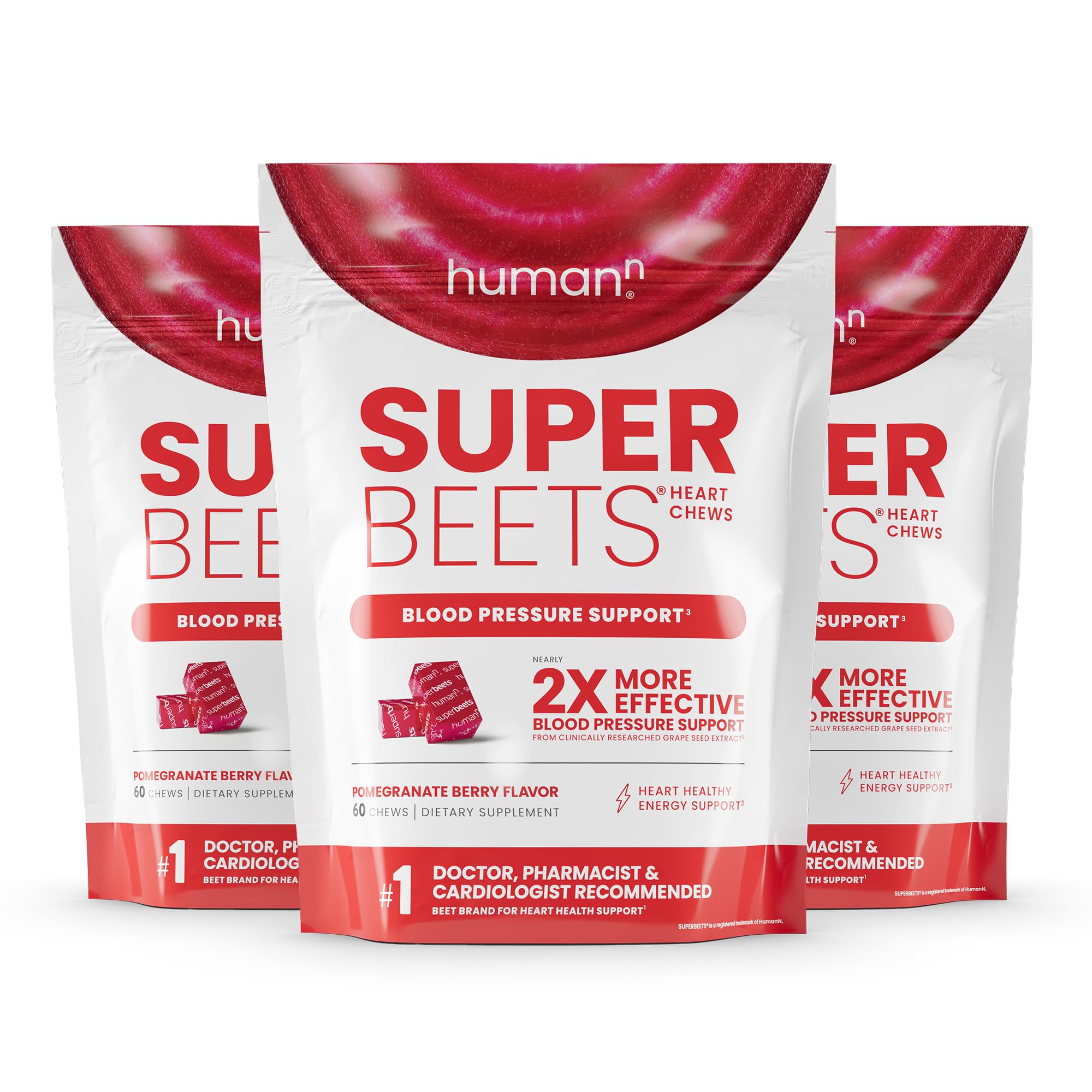 Humann SuperBeets Heart Chews, Nitric Oxide and Blood Pressure Support, Grape Seed Extract & Non-GMO Beet Root Powder Energy Supplement, Pomegranate Berry Flavor, 60 Count