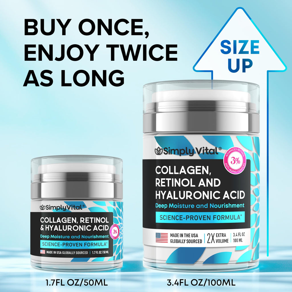 SimplyVital Collagen, Retinol & Hyaluronic Acid Cream - Anti-Aging Face Moisturizer for Face, Firming Skin Care Neck & Décolleté - Made in USA, Daily Moisturizer Face Cream Day & Night - 1.7 fl.oz.
