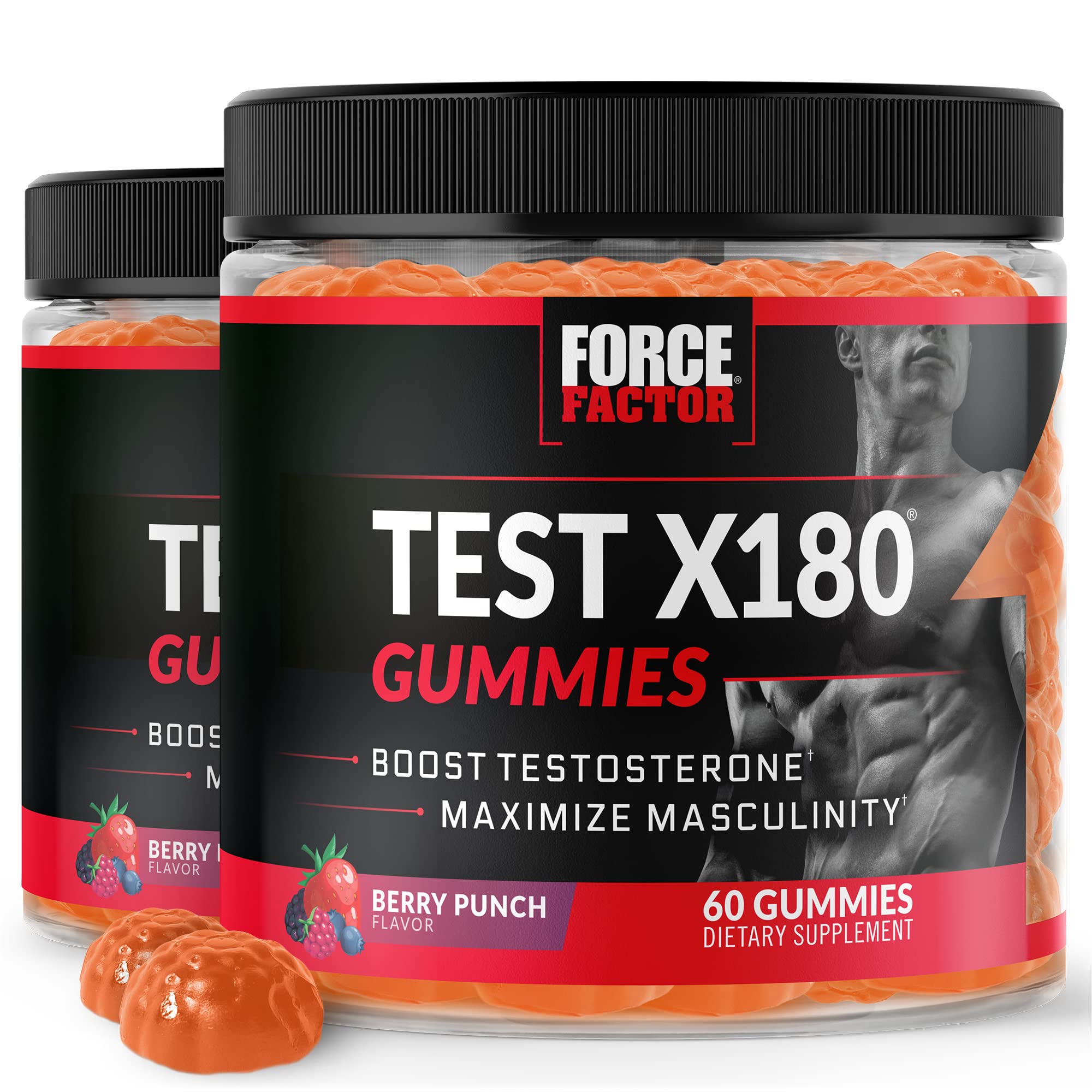 Force Factor Test X180 Gummies Testosterone Booster for Men with Tongkat Ali, Horny Goat Weed, Tribulus Terrestris, Fenugreek, & Black Maca, Supplement Men, Berry Punch, 60 Gummies, 1-Pack