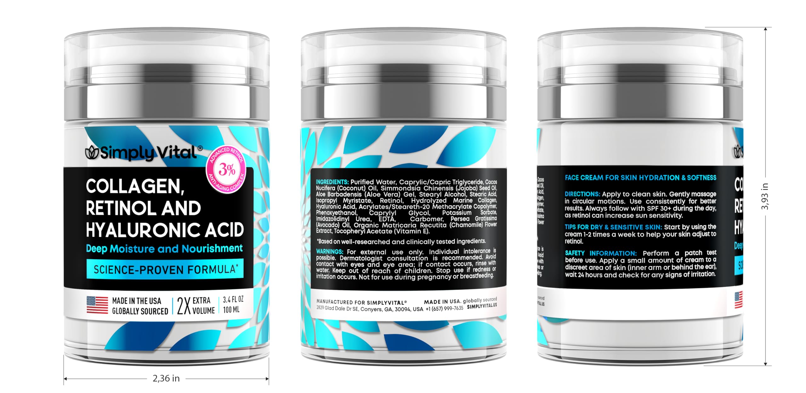 SimplyVital Collagen, Retinol & Hyaluronic Acid Cream - Anti-Aging Face Moisturizer for Face, Firming Skin Care Neck & Décolleté - Made in USA, Daily Moisturizer Face Cream Day & Night - 1.7 fl.oz.