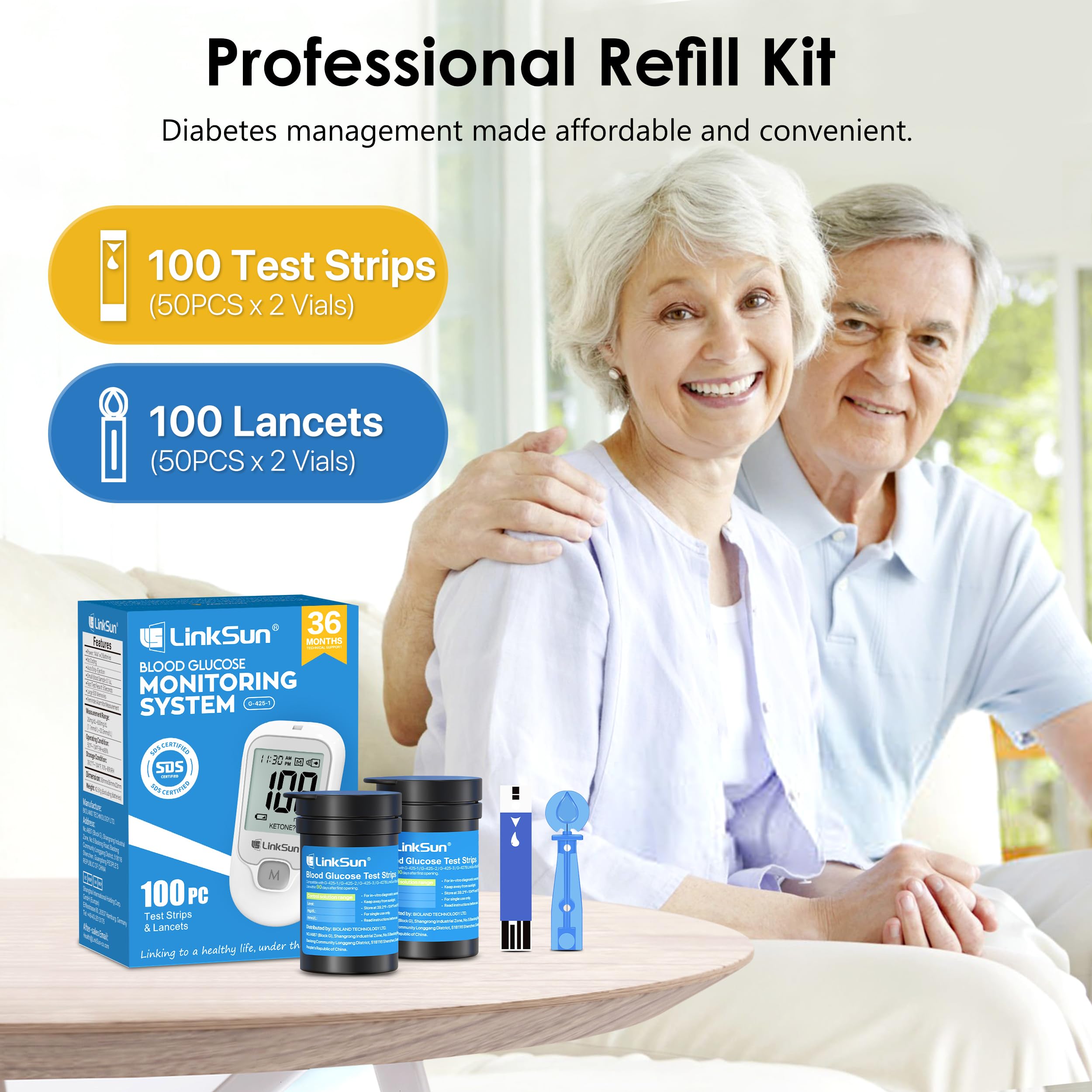 G-425-1 Blood Glucose Monitor Kit, 100 Test Strips &100 Lancets, 1 Control Solution, 1 Blood Sugar Monitor, 1 Lancing Device, Diabetes Testing Kit, No Coding, Large Display, Glucometer for Home Use